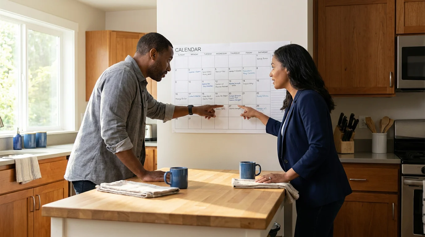 Two parents reviewing a shared calendar together at a kitchen island, conveying equal partnership