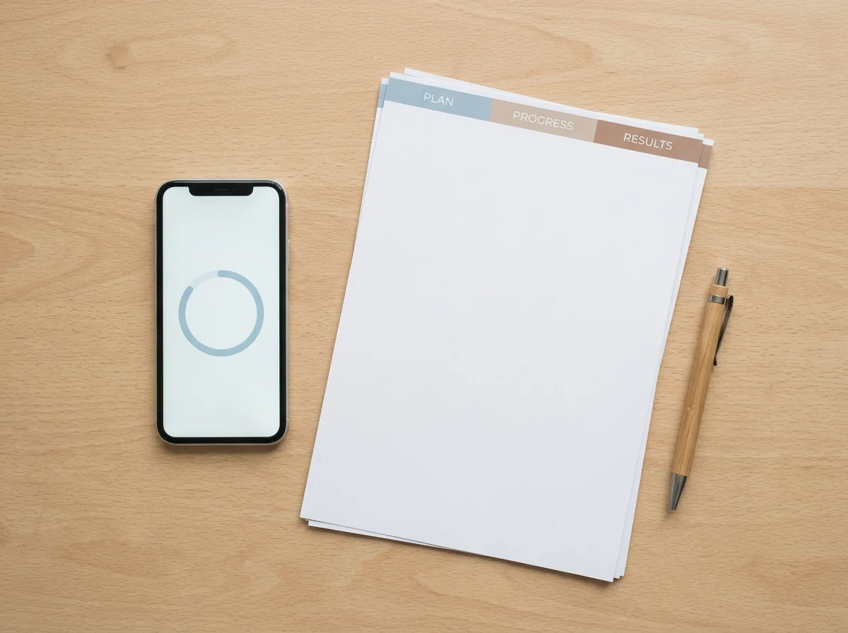 A phone showing a near-complete progress bar beside a freshly printed multi-section report