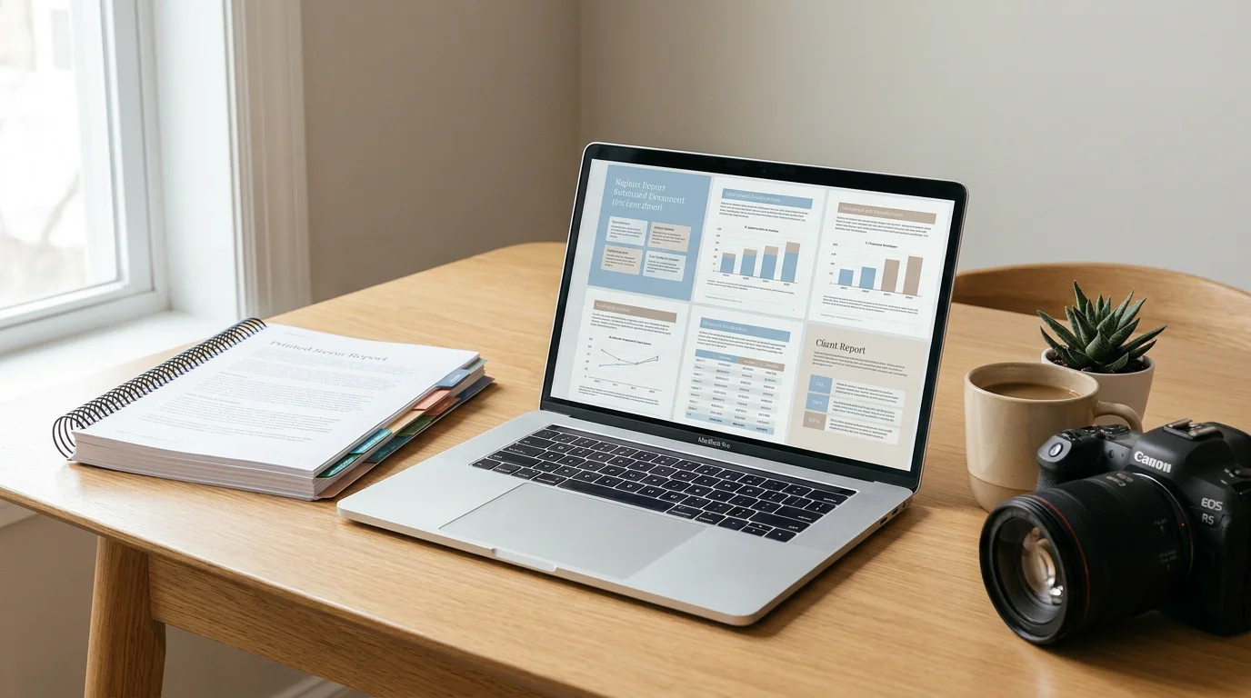 A laptop showing an organized multi-section report beside a printed tabbed document on a desk