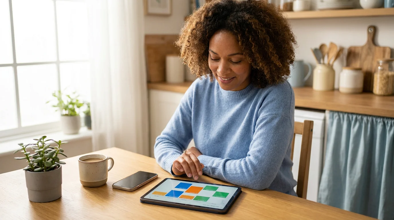 A parent reviewing a colorful shared co-parenting calendar on a tablet at a kitchen table