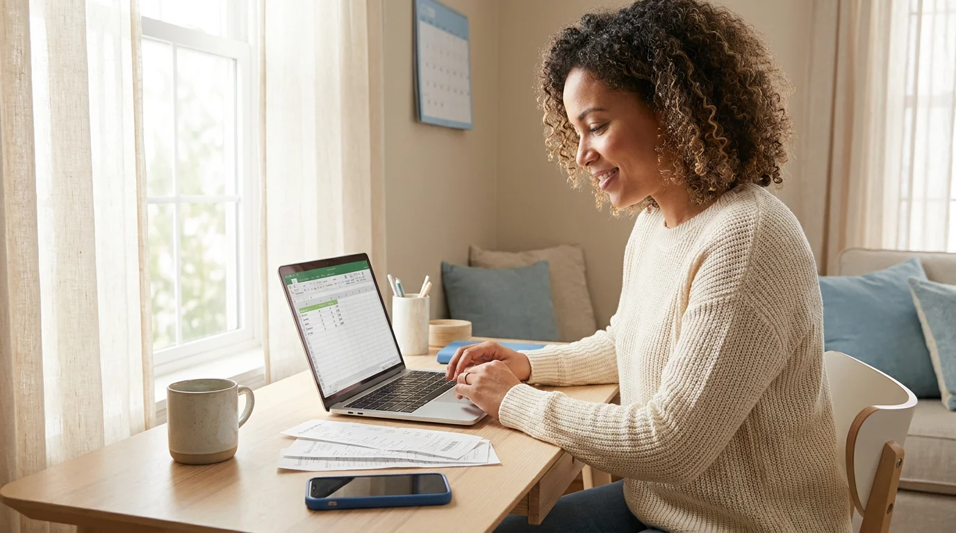 A parent reviewing a co-parenting expense ledger on a laptop with receipts nearby