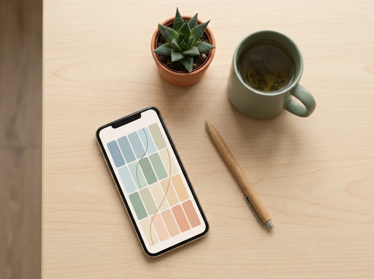 A phone showing a calm mood-trend chart beside a plant and tea on a tidy desk