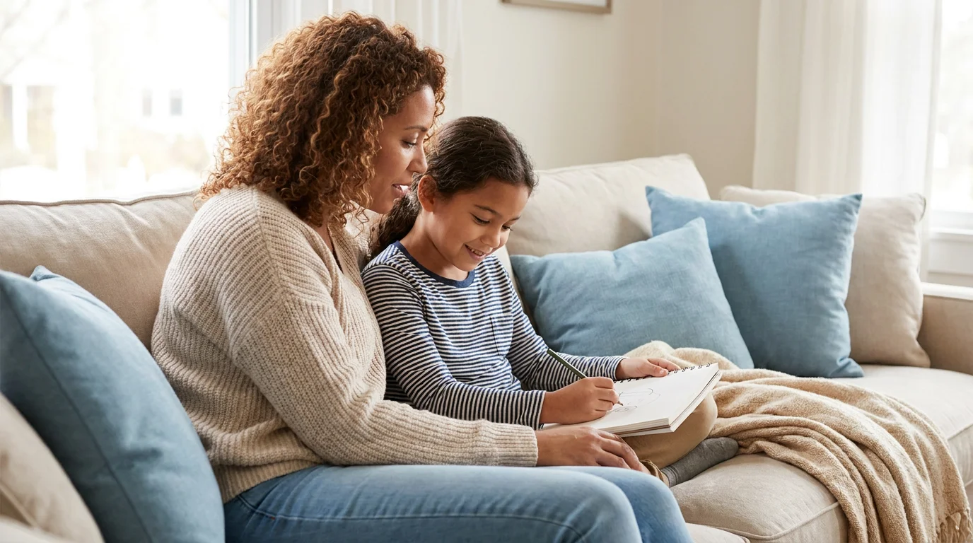 A parent gently checking in with a calm school-age child together on a sofa