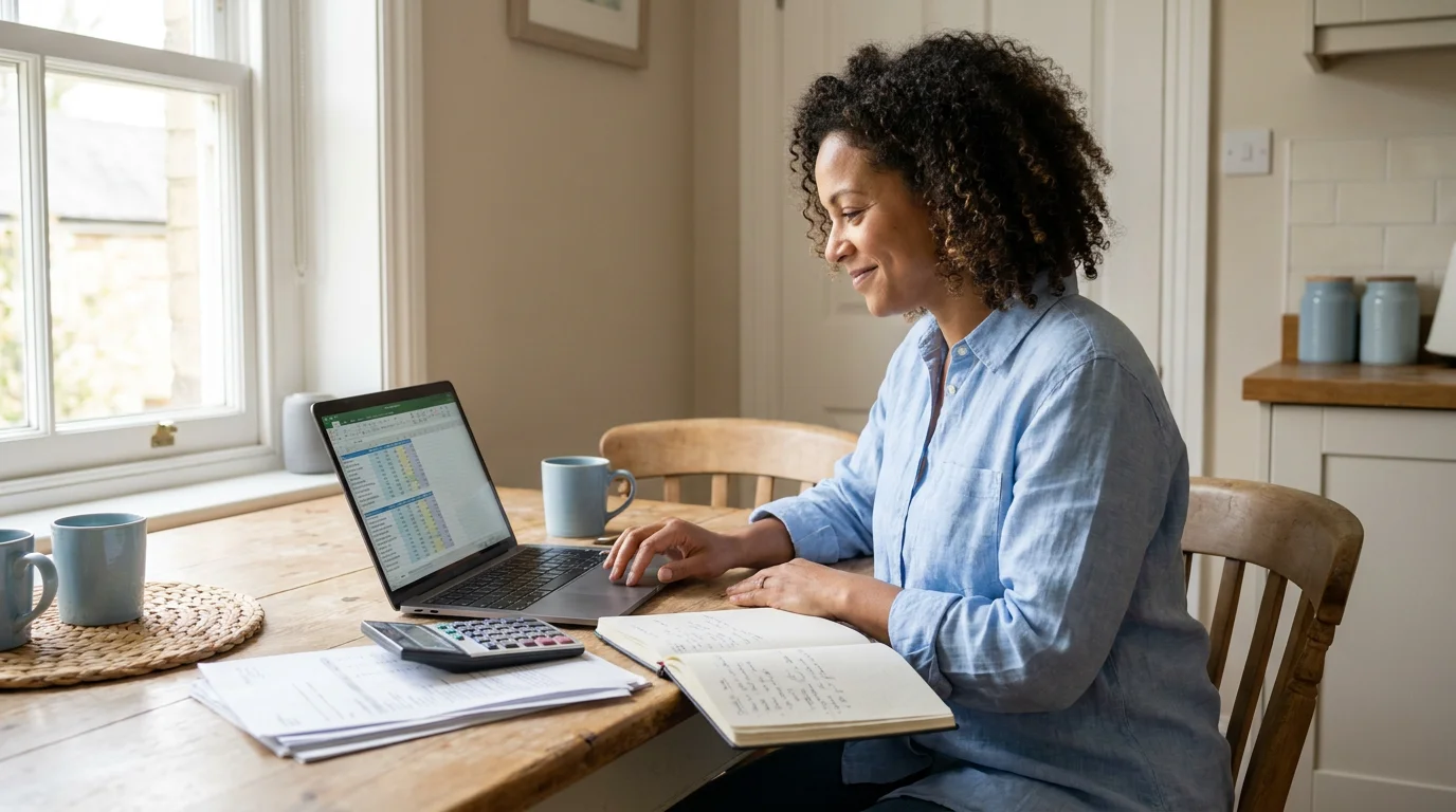 A parent calmly reviewing a monthly budget on a laptop with a calculator at a kitchen table
