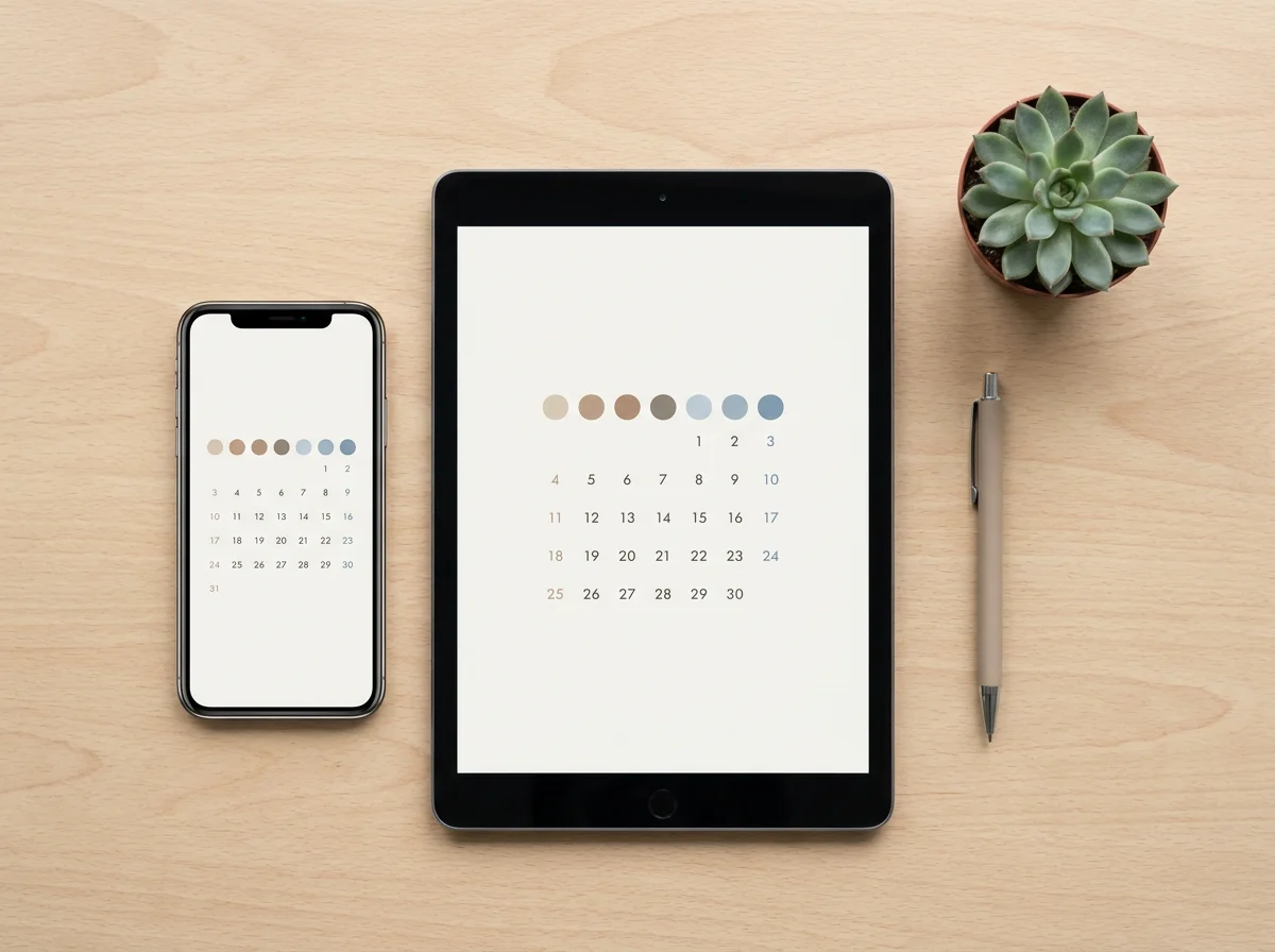 A phone and tablet showing the same synced calendar view side by side on a desk