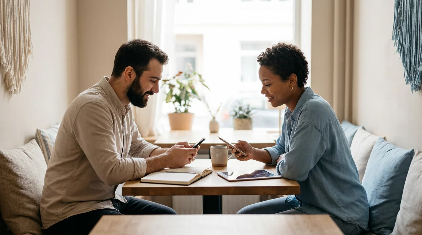 Two parents calmly working through a disagreement on their phones at a table