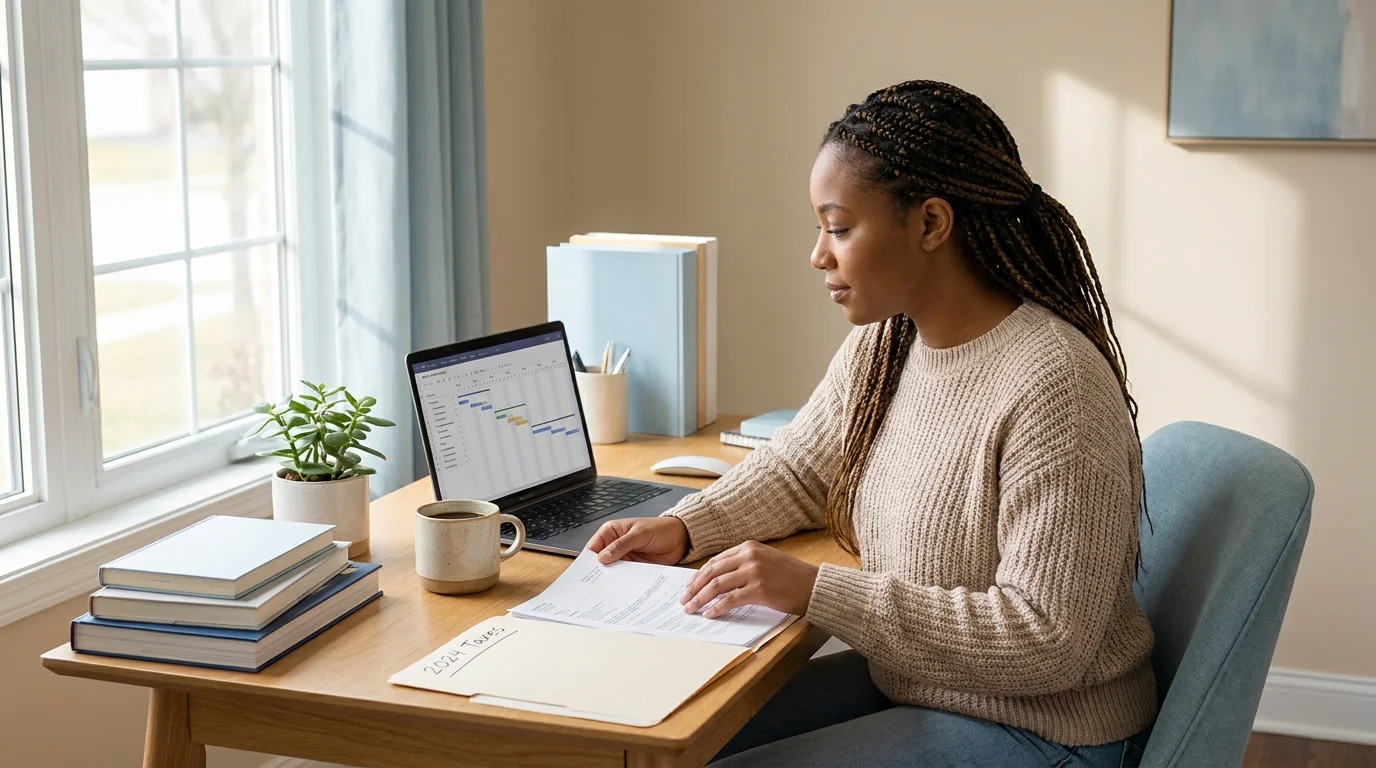 A parent calmly organizing a labeled folder of custody documents and a laptop at a home desk