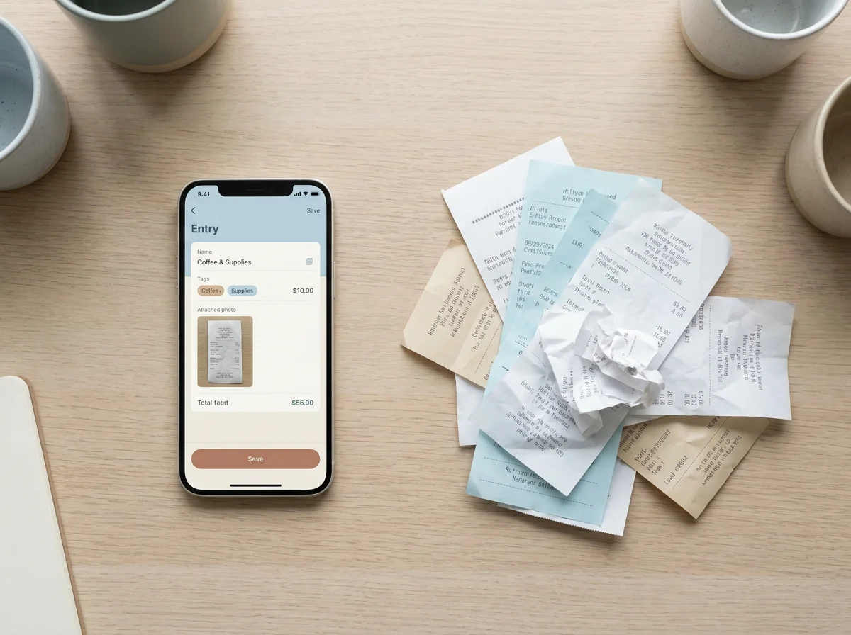 A phone showing an organized expense entry with a receipt photo beside a messy pile of loose receipts