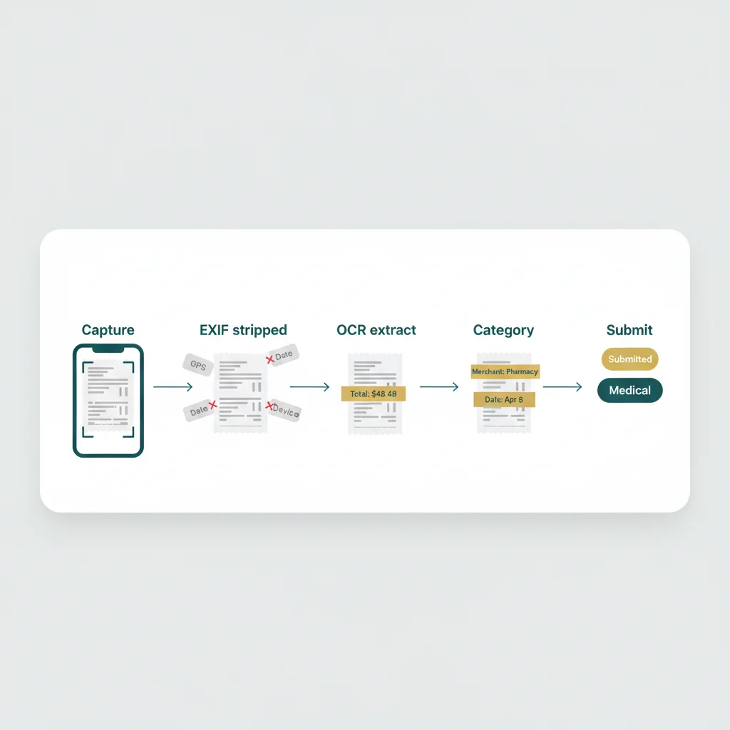 Receipt OCR flow showing photo capture, EXIF metadata stripped, merchant and total extracted, category assigned, then submitted to the co-parenting expense tracker