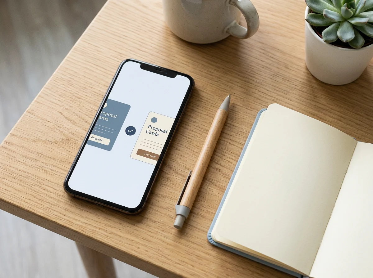 A phone showing two side-by-side proposal cards with a checkmark, on a tidy desk