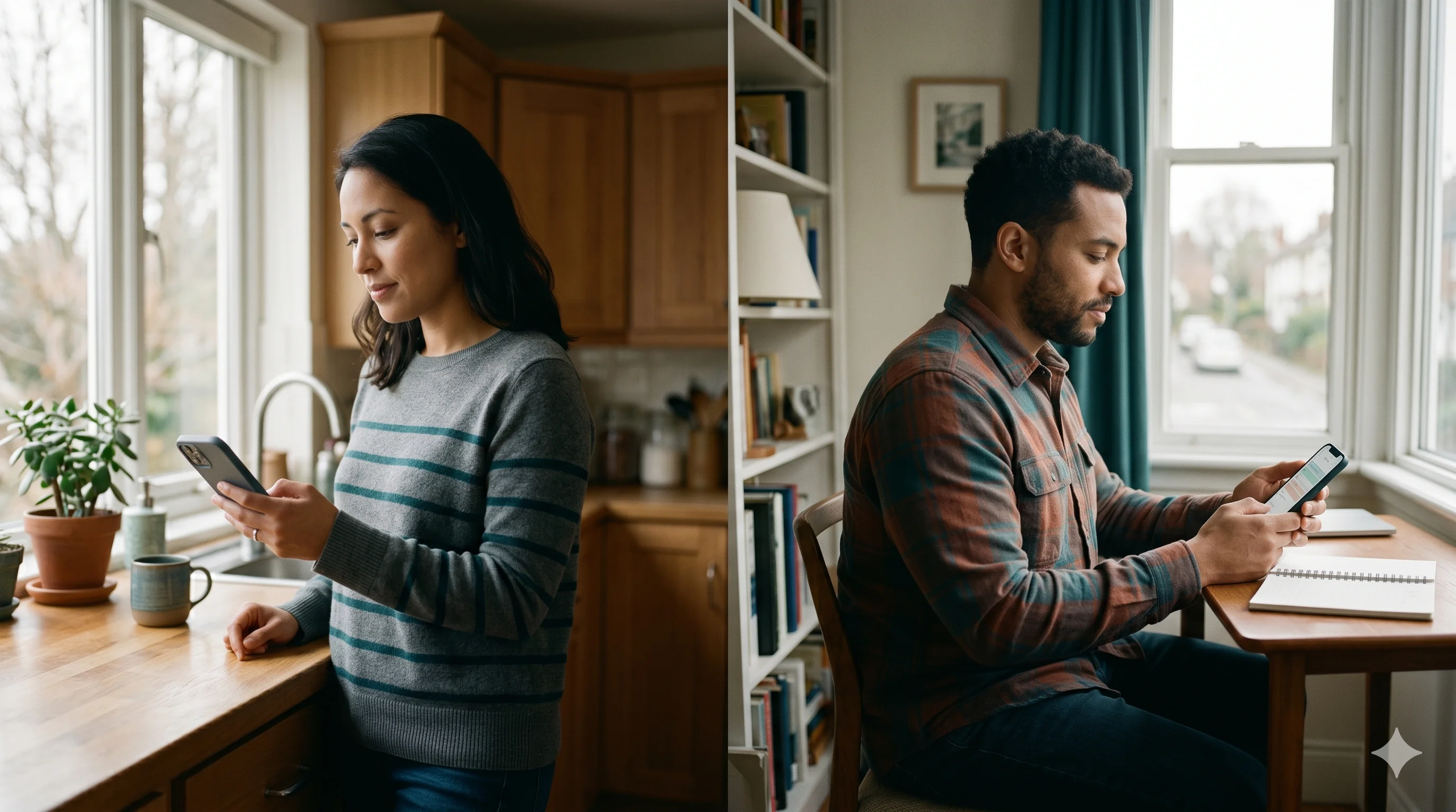 Two co-parents reading messages on phones in separate homes during a calm exchange