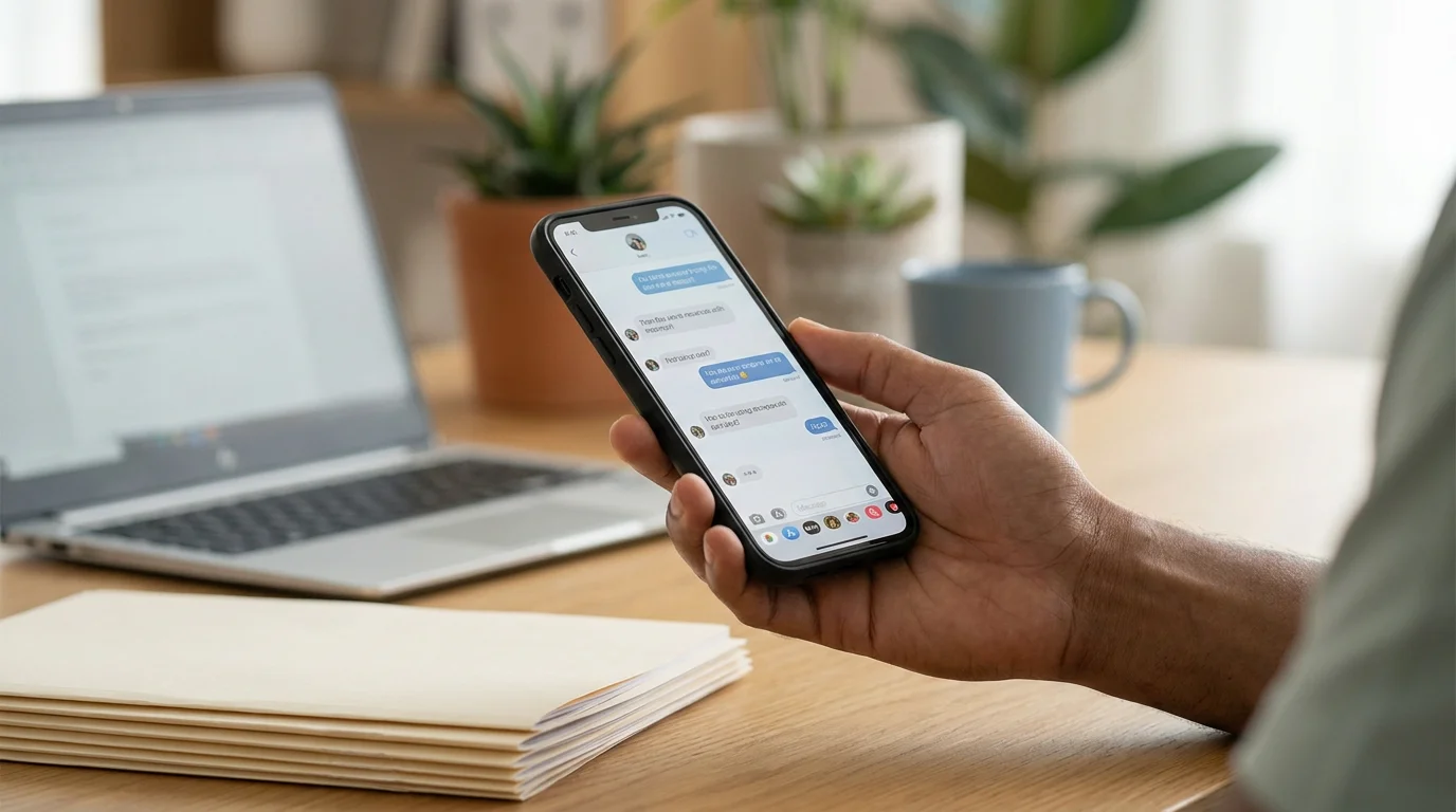 A hand holding a phone showing a tidy co-parenting message thread in a calm home office