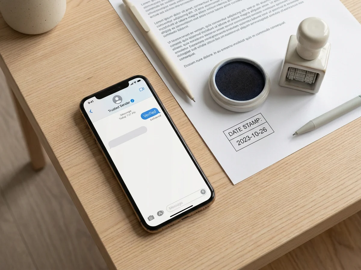 A phone message with a verification badge beside a clearly dated printed document
