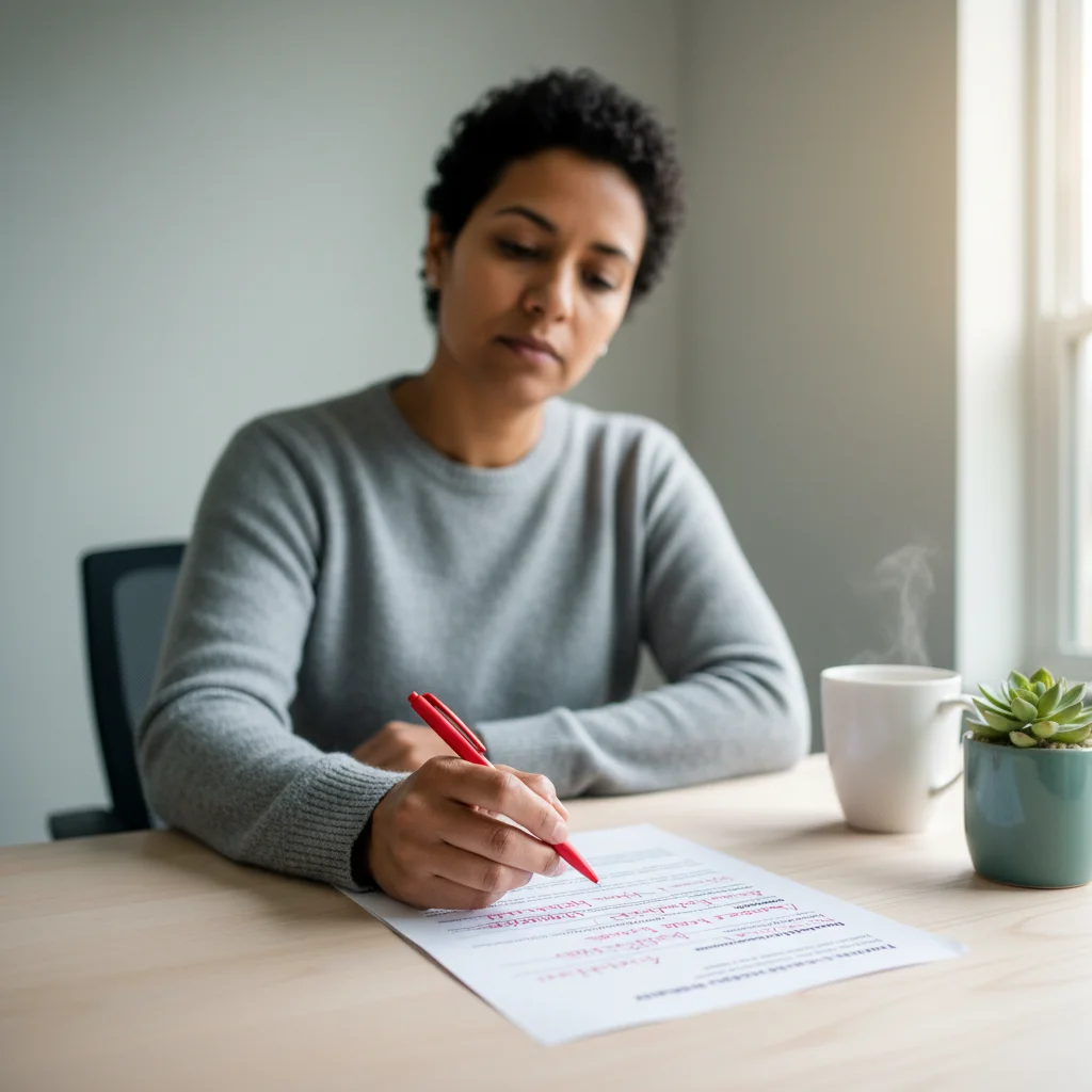 Parent reviewing and marking up a draft custody agreement at a home office desk