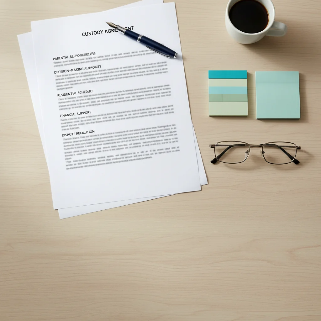 Overhead view of a custody agreement document with pen, glasses, and sticky notes on a wooden desk