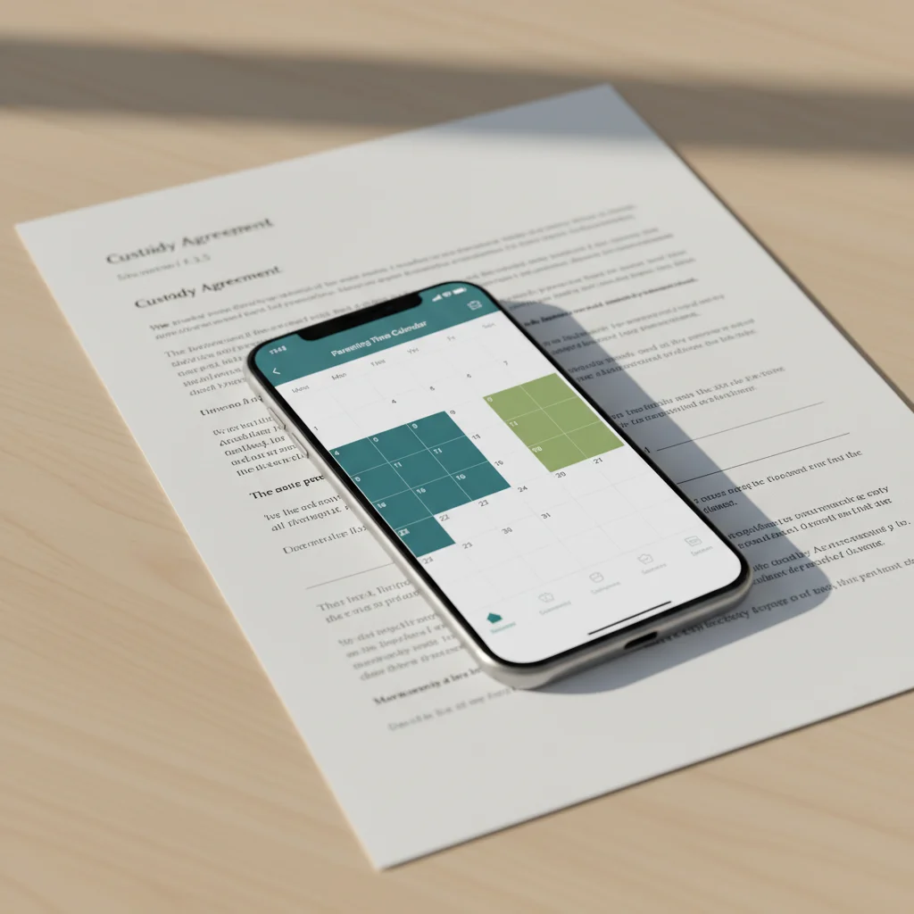 Smartphone showing a co-parenting calendar resting on a printed custody agreement