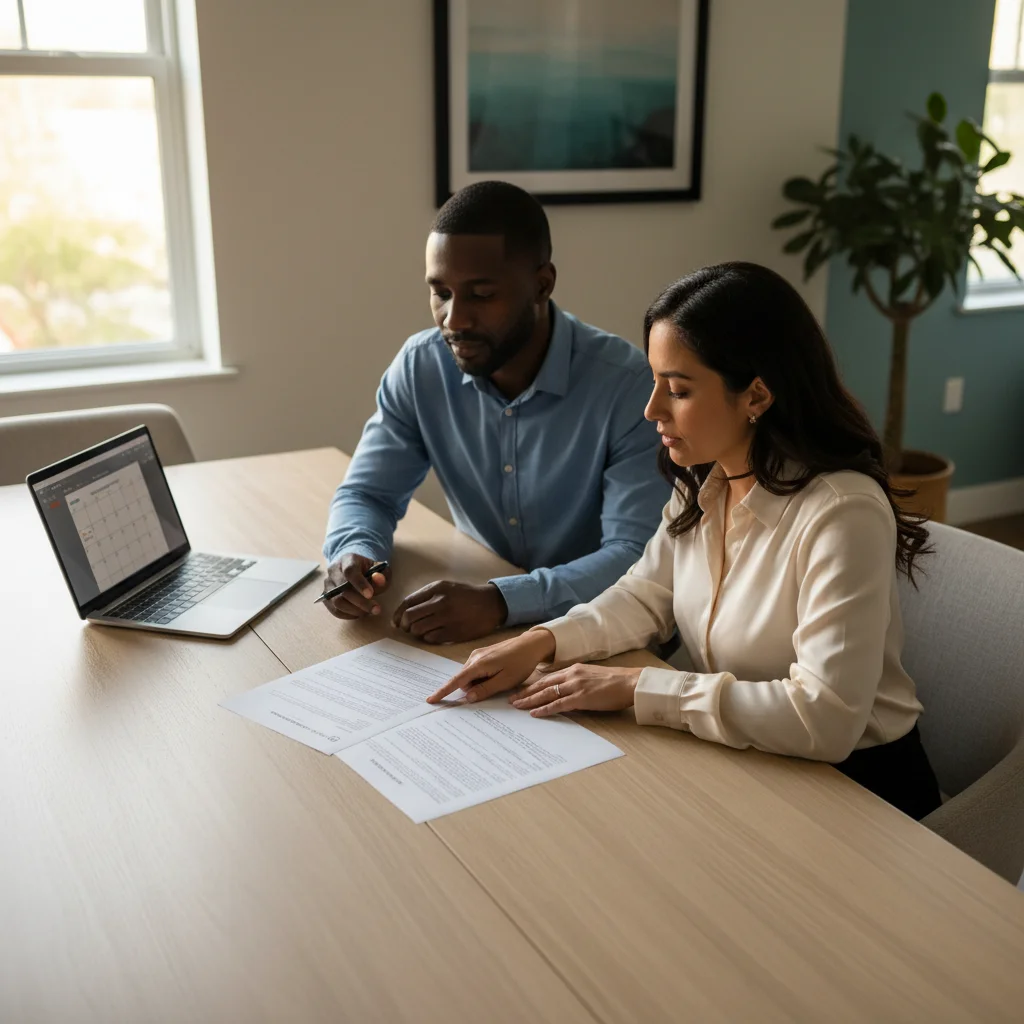 Two parents reviewing a printed custody agreement together at a dining table