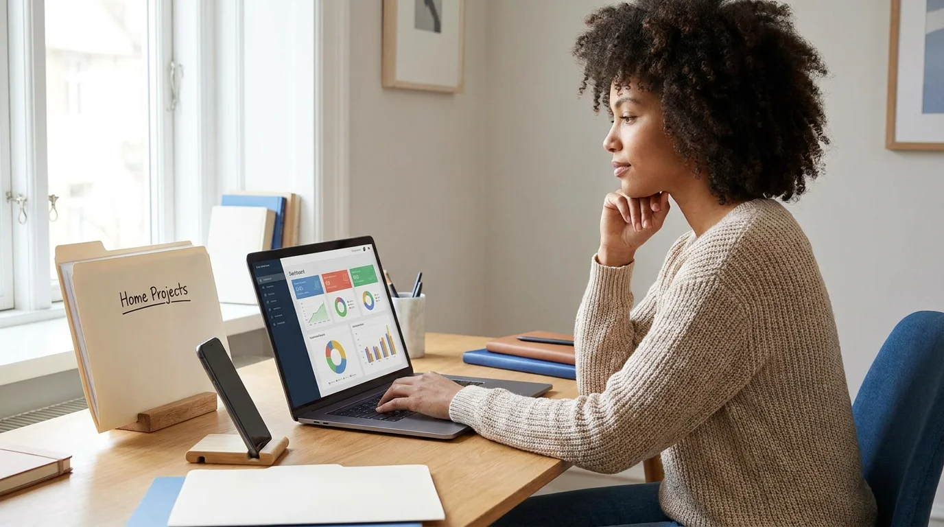 A parent at a tidy desk with a laptop dashboard, labeled folder, and phone, calmly organized