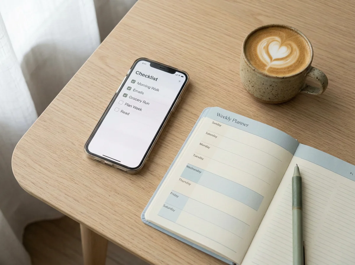 A phone showing a checklist beside a weekly planner and coffee on a tidy desk
