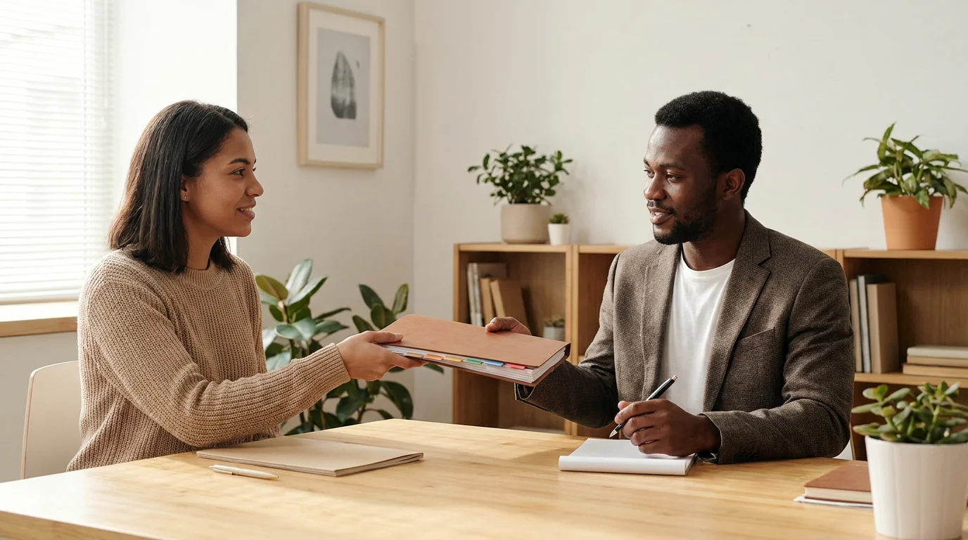 A parent handing a neatly tabbed binder of organized custody evidence to an attorney across a table