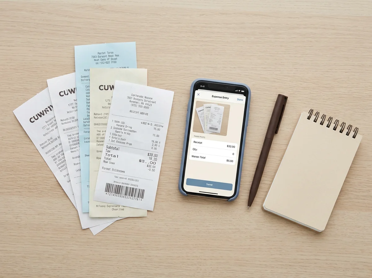 Neatly arranged receipts beside a phone showing an expense entry with an attached receipt photo