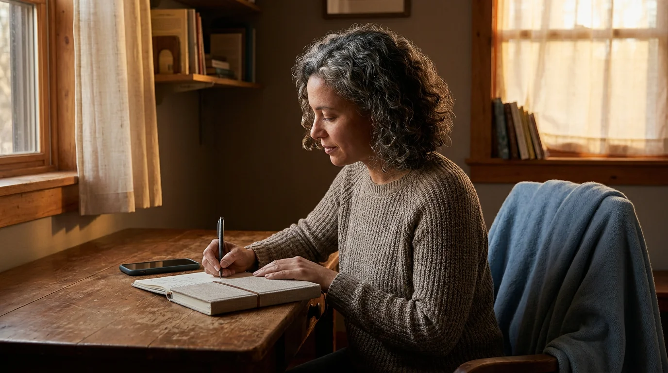 A person calmly writing in a private journal beside a phone in a softly lit room