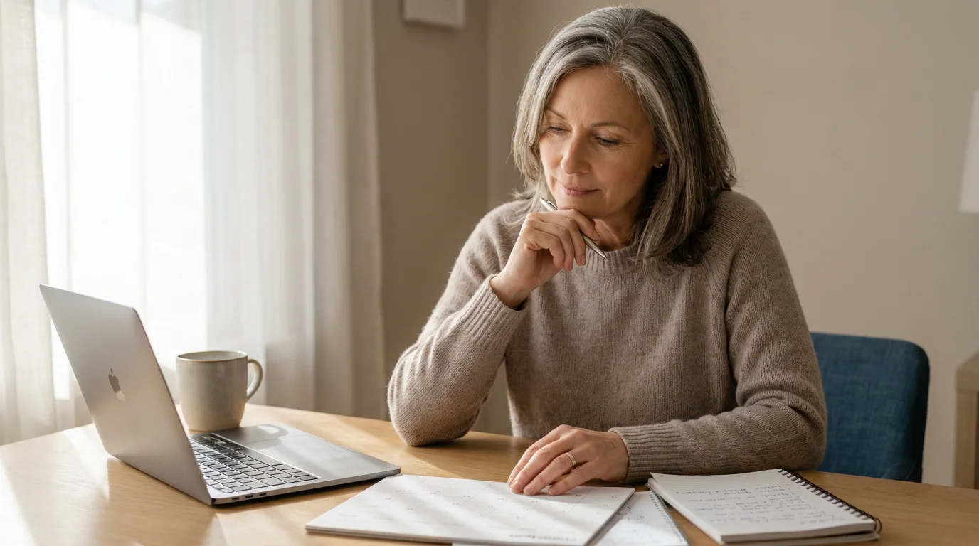A parent thoughtfully organizing dated notes and a calendar beside a laptop at a quiet desk