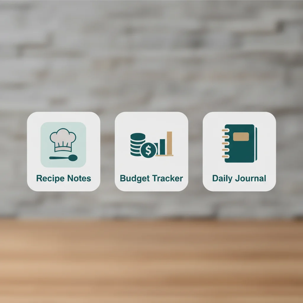 Three covert co-parenting app icon options labeled Recipe Notes, Budget Tracker, and Daily Journal