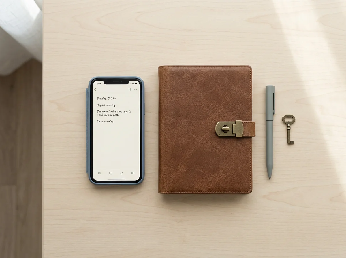 A phone showing a private journal entry beside a lockable notebook and key on a desk