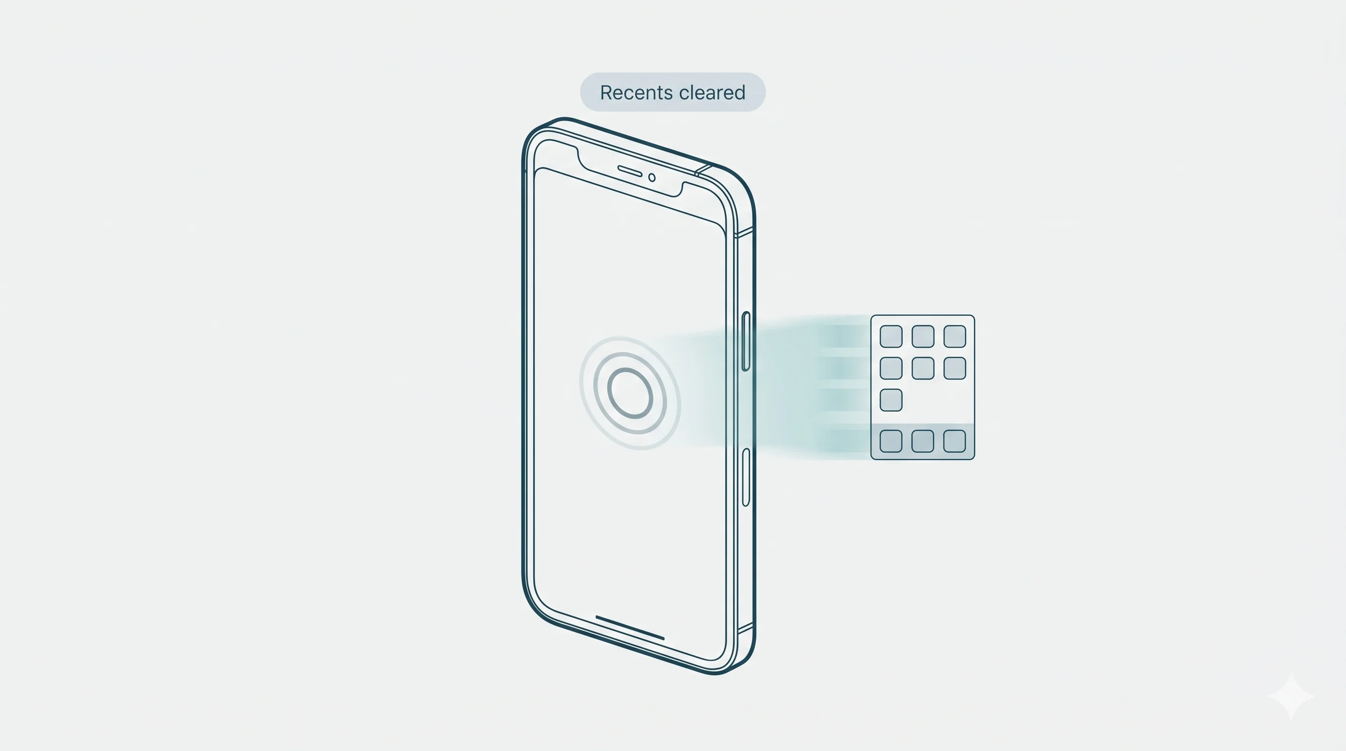 Wireframe of a Quick-Exit triple-tap gesture closing a co-parenting app and clearing it from the recent apps switcher