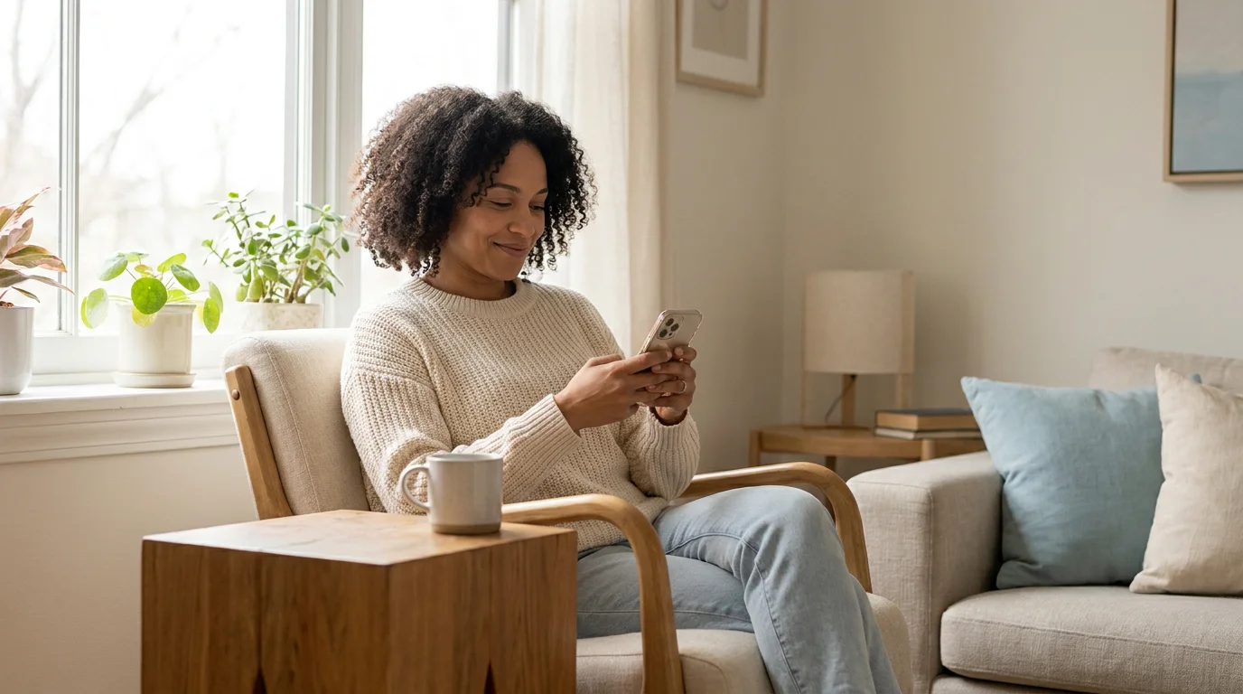 A person calmly holding a smartphone in a bright home, conveying privacy and control