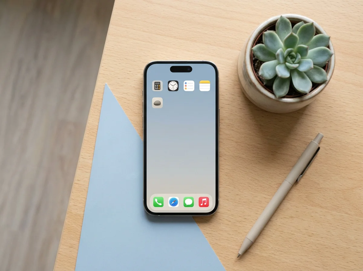 A phone showing a discreet neutral app icon among ordinary utility apps on a tidy desk