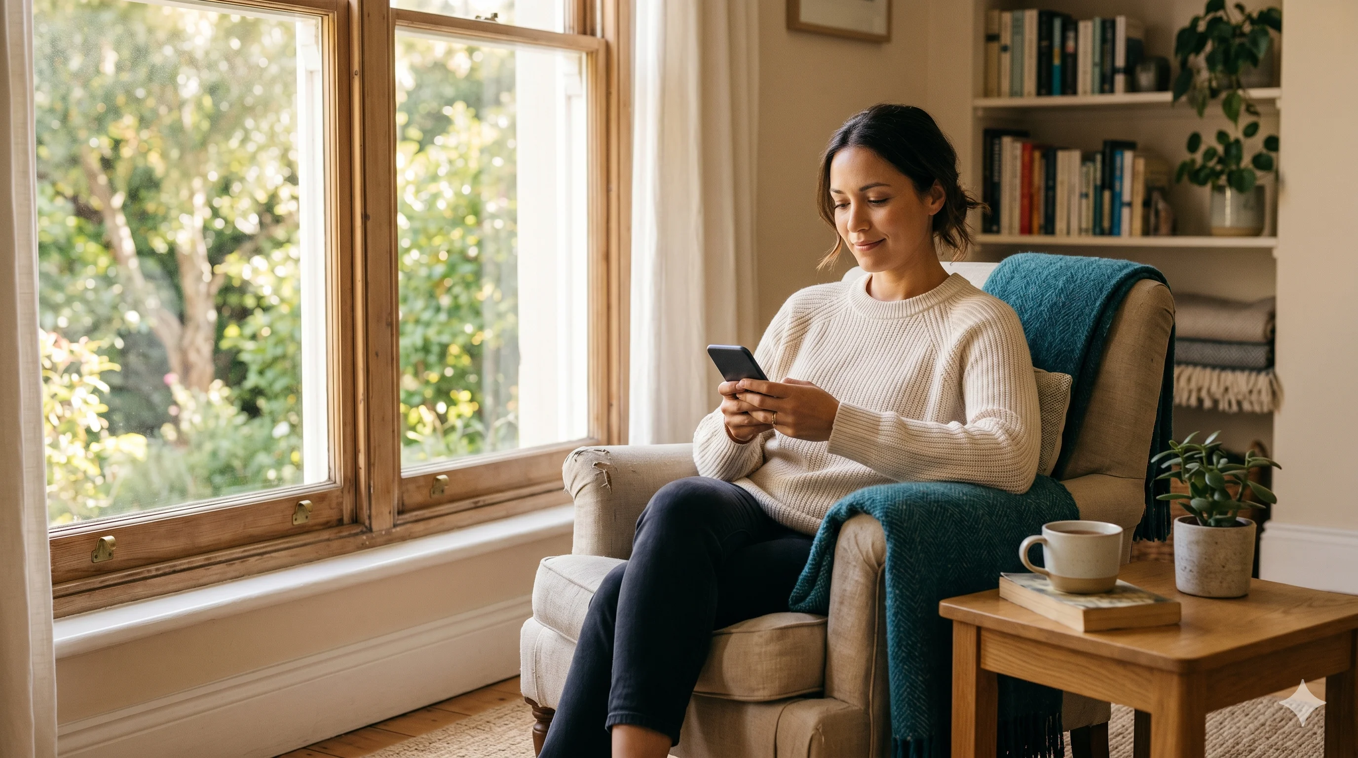 Survivor of intimate partner abuse using a co-parenting app privately in a sunlit living room
