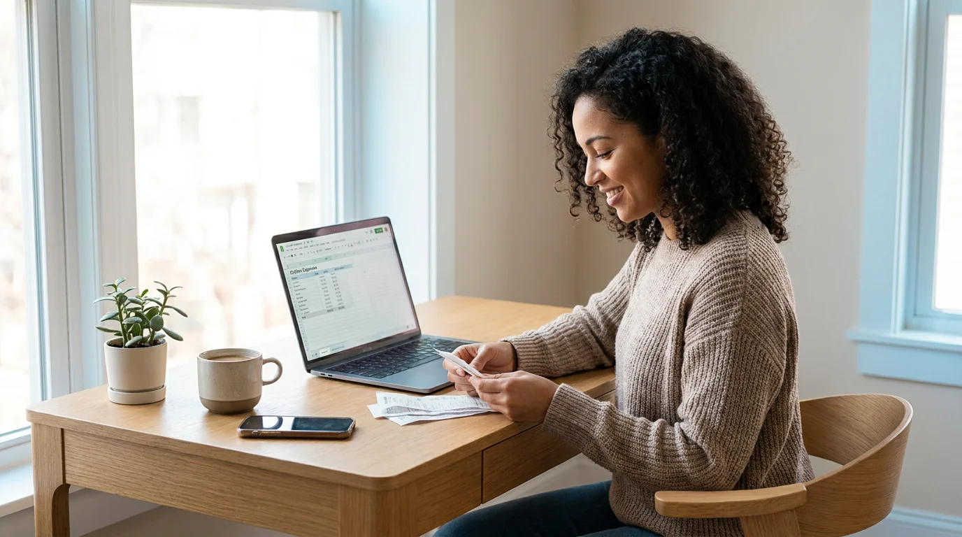 A parent organizing receipts beside a laptop showing a co-parenting expense ledger