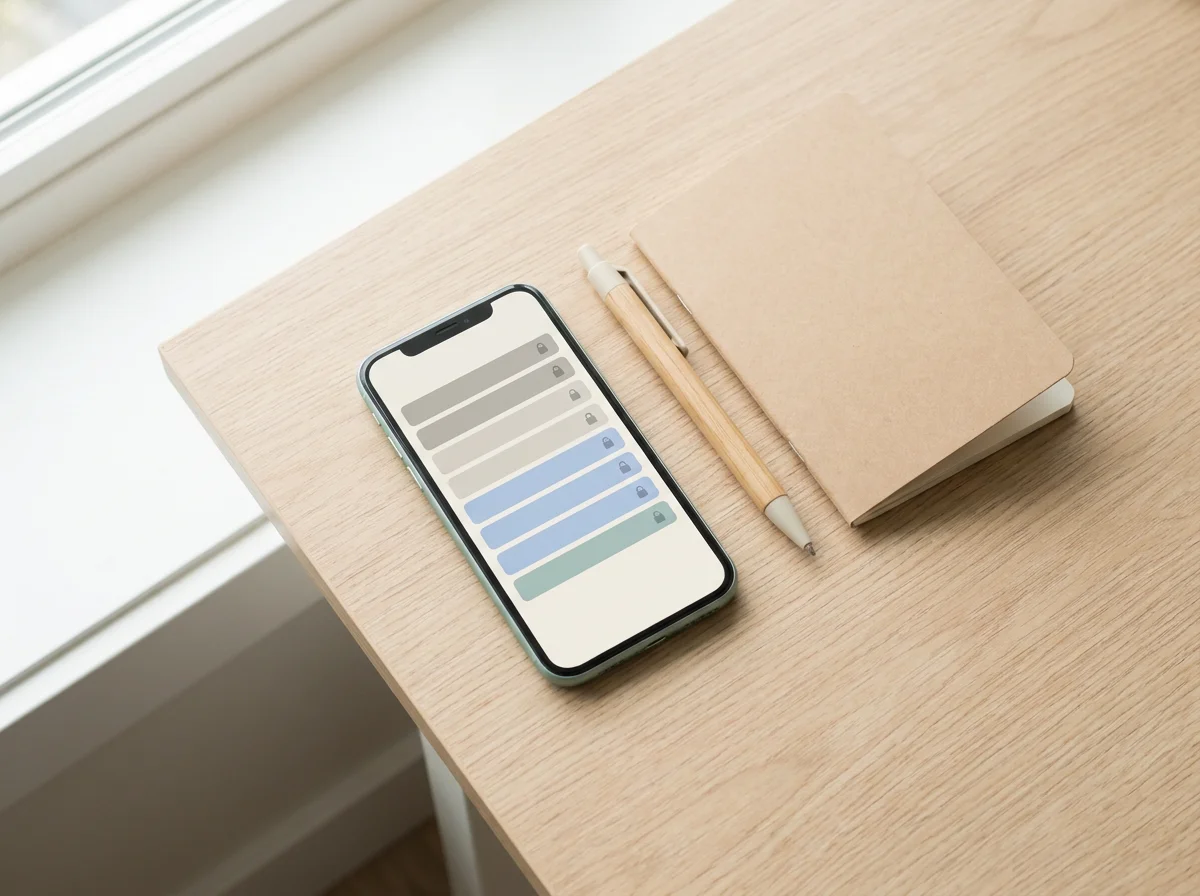 A phone showing a co-parenting app feature list with several options dimmed to suggest paywalled features