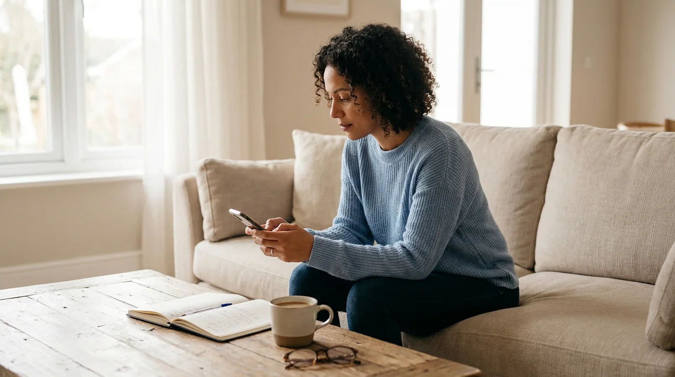 A parent comparing free co-parenting apps on a smartphone at home with a notebook nearby