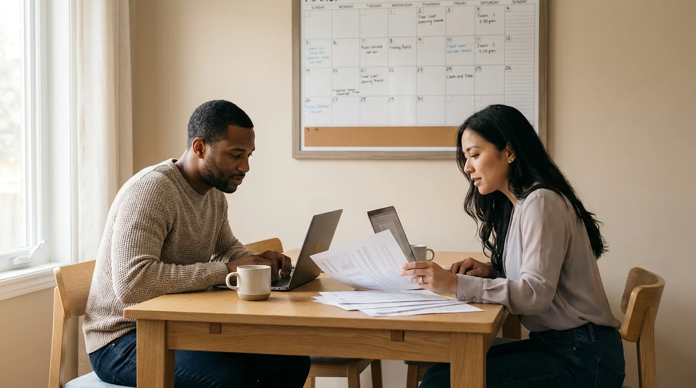 Two parents calmly working through a written parenting plan together at a dining table