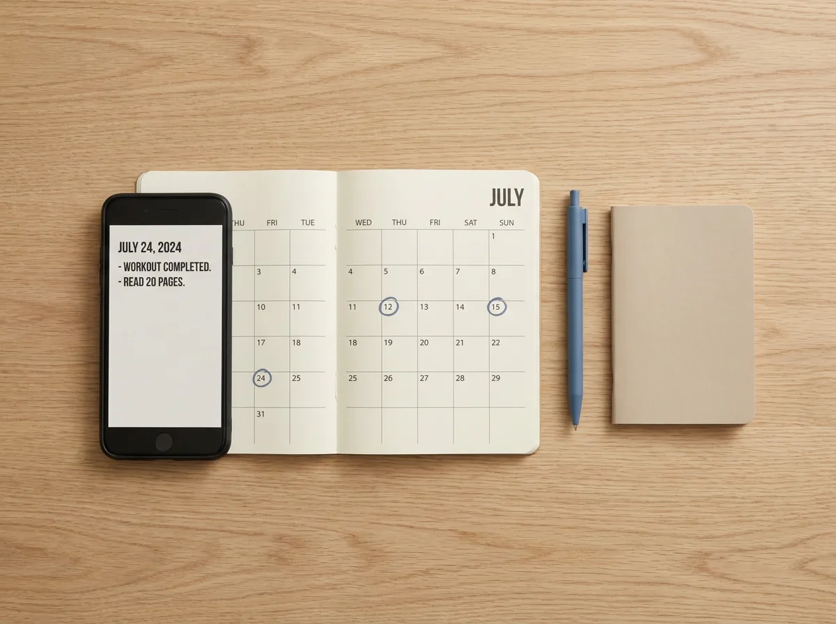 A phone showing a dated log entry beside a calendar with circled dates on a tidy desk