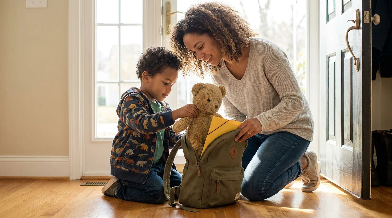 Parent helping a school-age child pack a backpack before a co-parenting exchange day