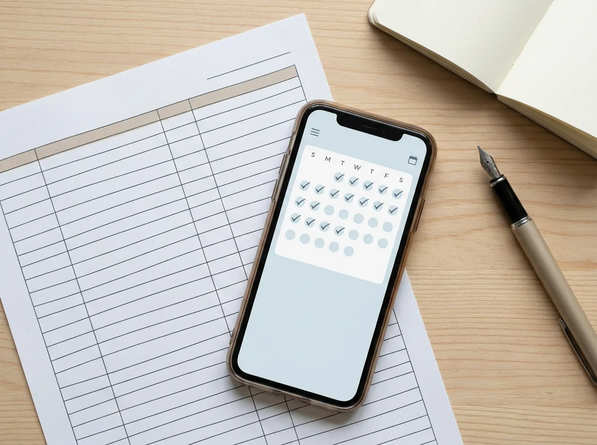 A printed parenting time log and a phone showing a calendar with completed exchanges marked