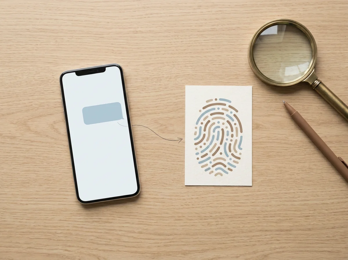 A phone message linked to a card showing an abstract fingerprint pattern beside a magnifying glass